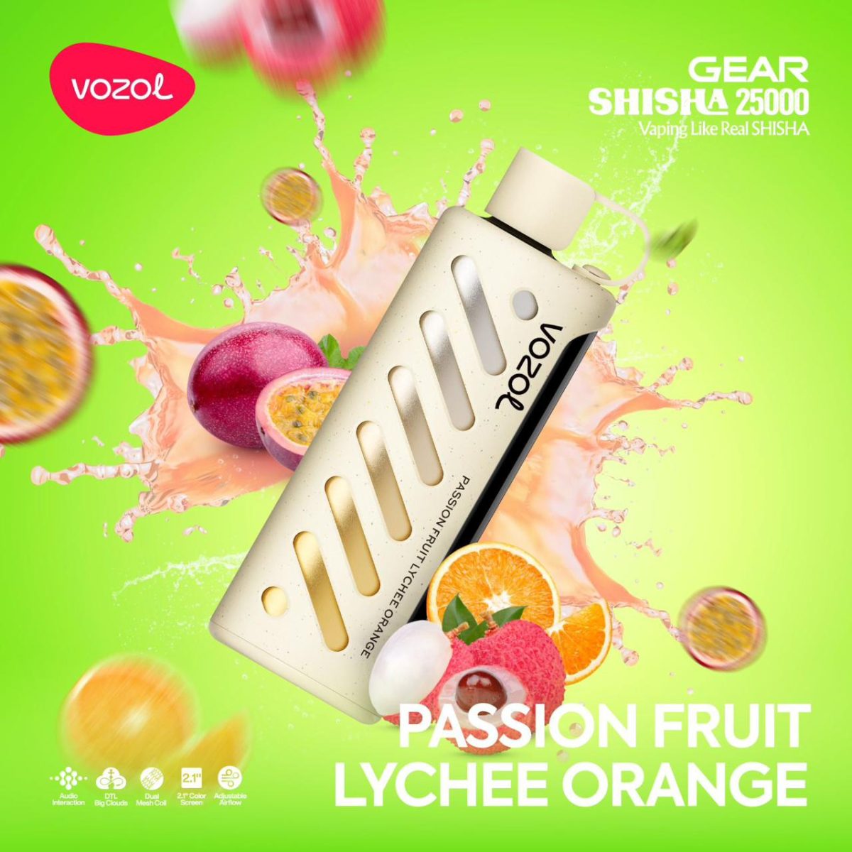 Vozol Gear Shisha 25000 Puffs Disposable Passion Fruit Lychee Orange